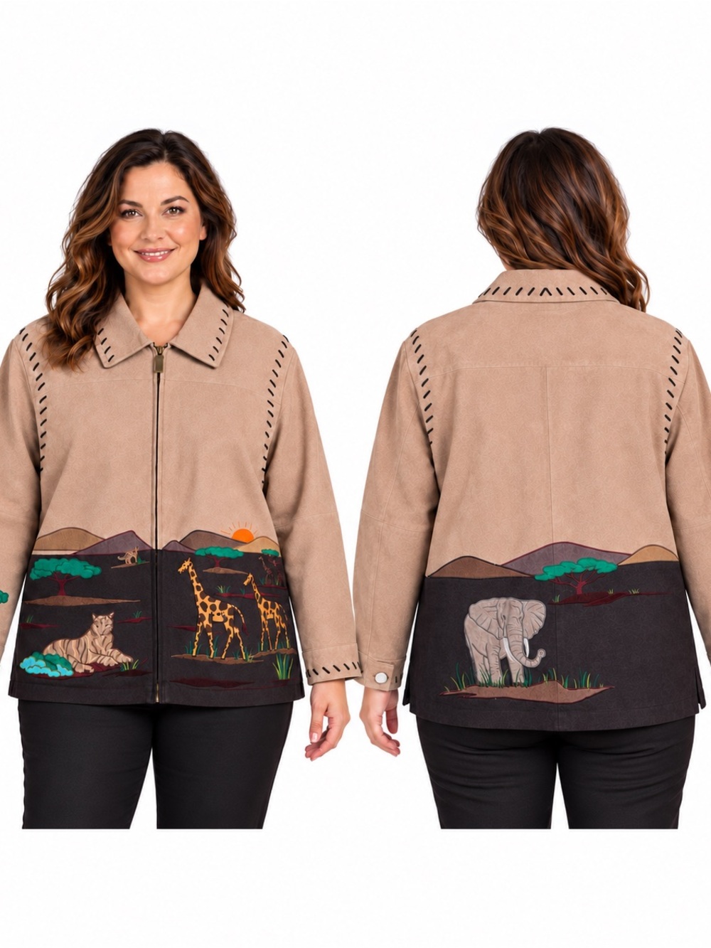 Quacker Factory Suede Leather Jacket 1X Safari Animal Embroidered Wearable Art